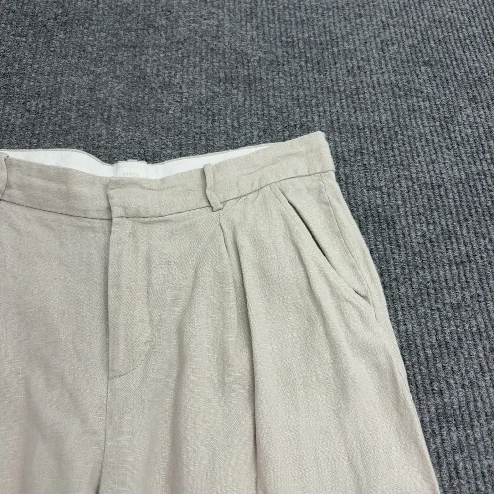 Mango Pants Womens 7 Beige Linen Pleated Wide Leg Minimalist Casual Summer